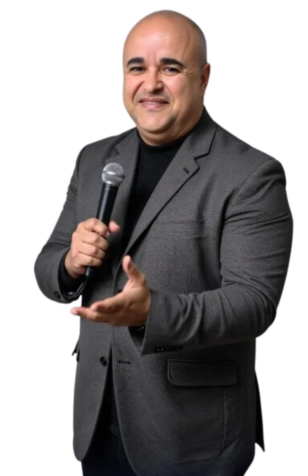 Alexandre Calmon de terno, sorrindo, com um microfone na mão
